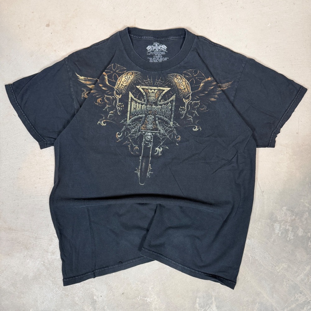 West Coast Choppers Mens Black Graphic T-Shirt Skulls Cross Logo Size L grunge